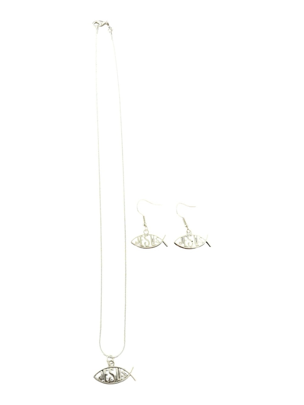Silver Jesus Fish Pendant Necklace & Earrings Set